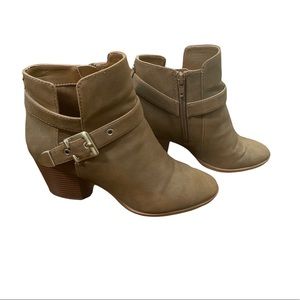 Camel Aldo Almond Toe Ankle Booties Gold Buckle Detail Side Zippers